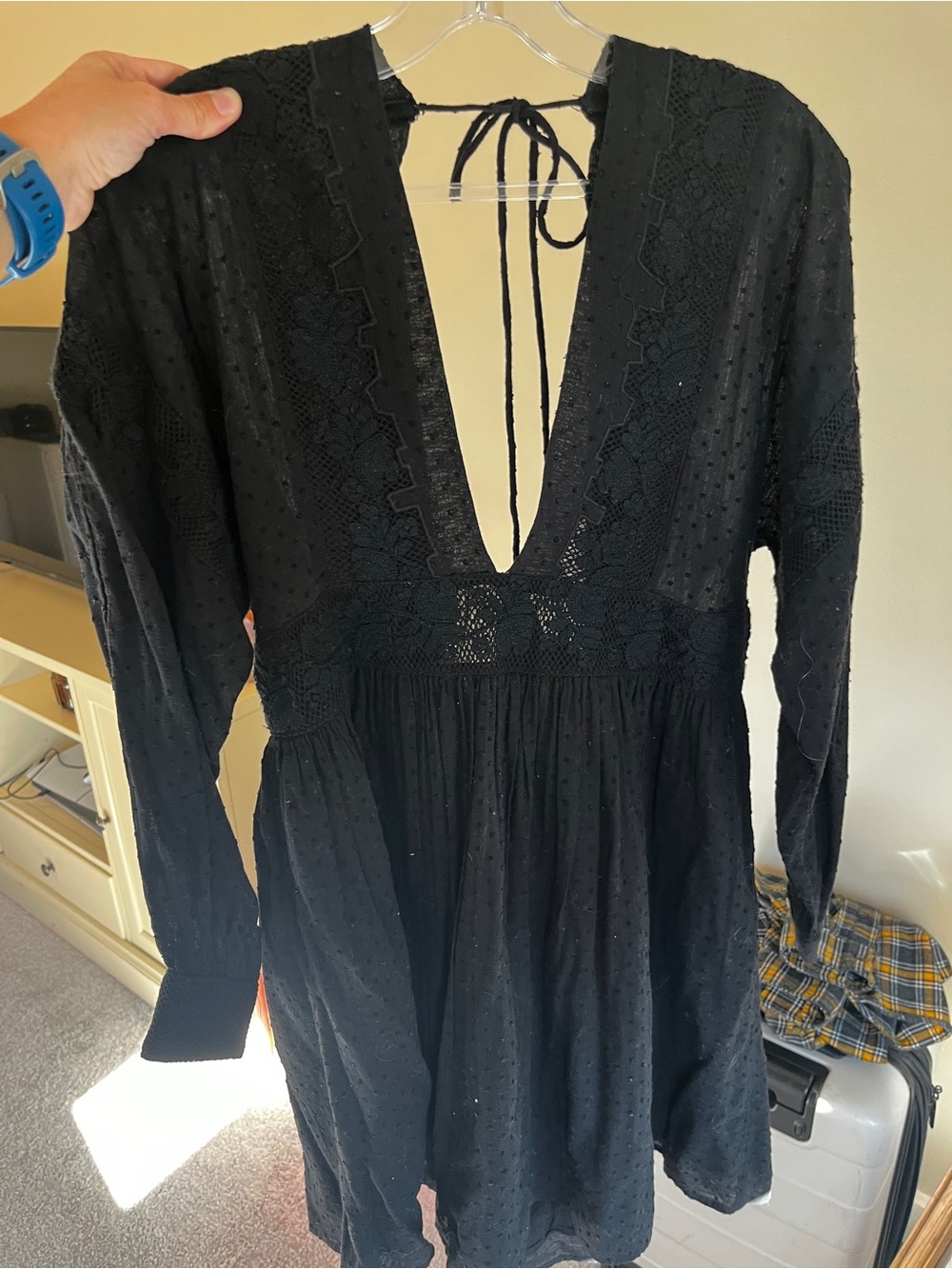 Free People Black Long Sleeve Lace Peasant Dress